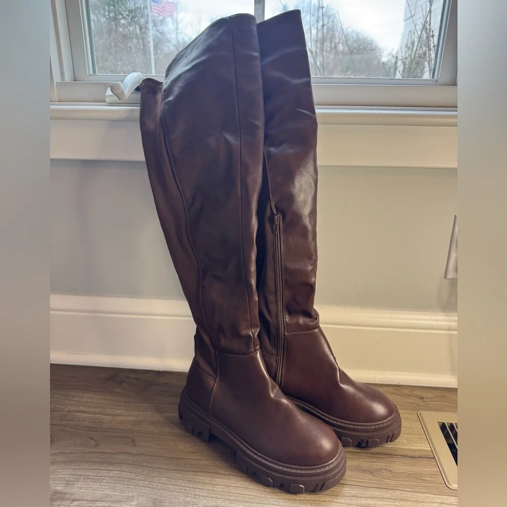 Wild Diva Brown Over The Knee Boots Chunky Lug Sole Combat Platform Size 6.5